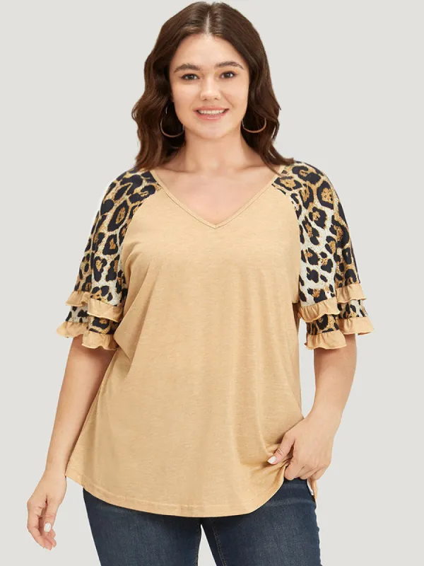 Leopard Print Contrast Ruffle Trim Raglan Sleeve T-shirt sold by Bloomchic