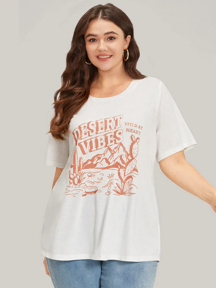 Cactus & Letter Print Crew Neck T-shirt sold by Bloomchic