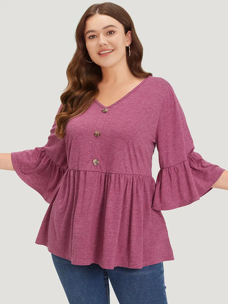 Heather Ruffle V Neck Button Detail Bell Sleeve T-shirt sold by Bloomchic