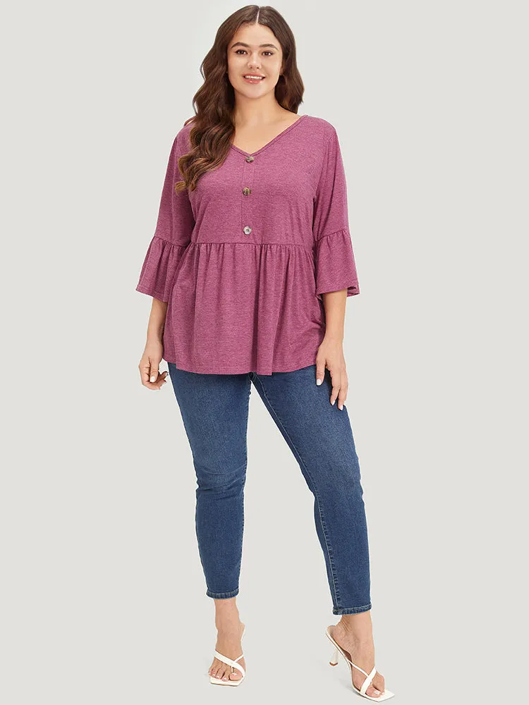 Heather Ruffle V Neck Button Detail Bell Sleeve T-shirt sold by Bloomchic product image thumbnail 5