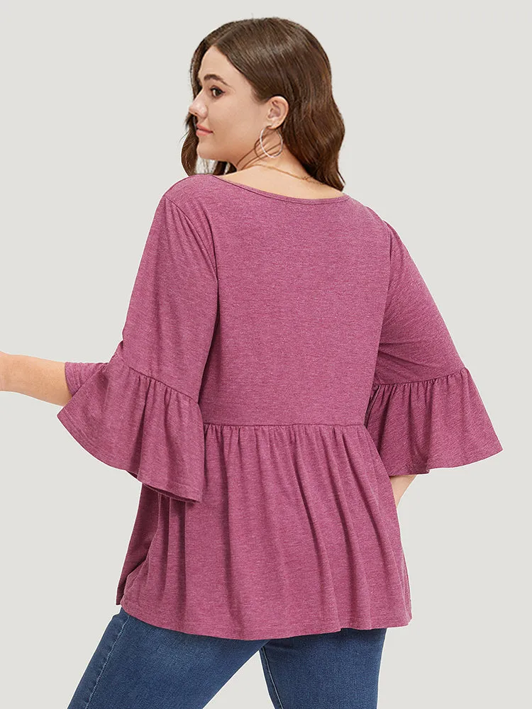 Heather Ruffle V Neck Button Detail Bell Sleeve T-shirt sold by Bloomchic product image thumbnail 4