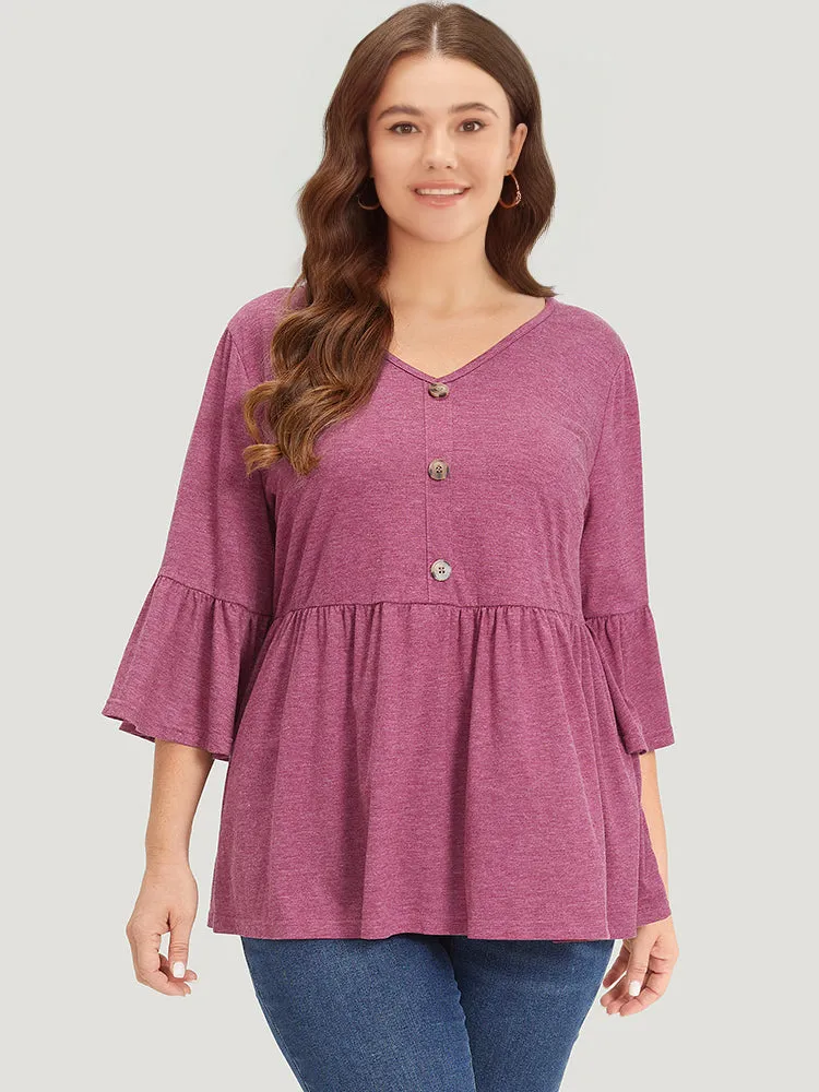 Heather Ruffle V Neck Button Detail Bell Sleeve T-shirt sold by Bloomchic product image thumbnail 3