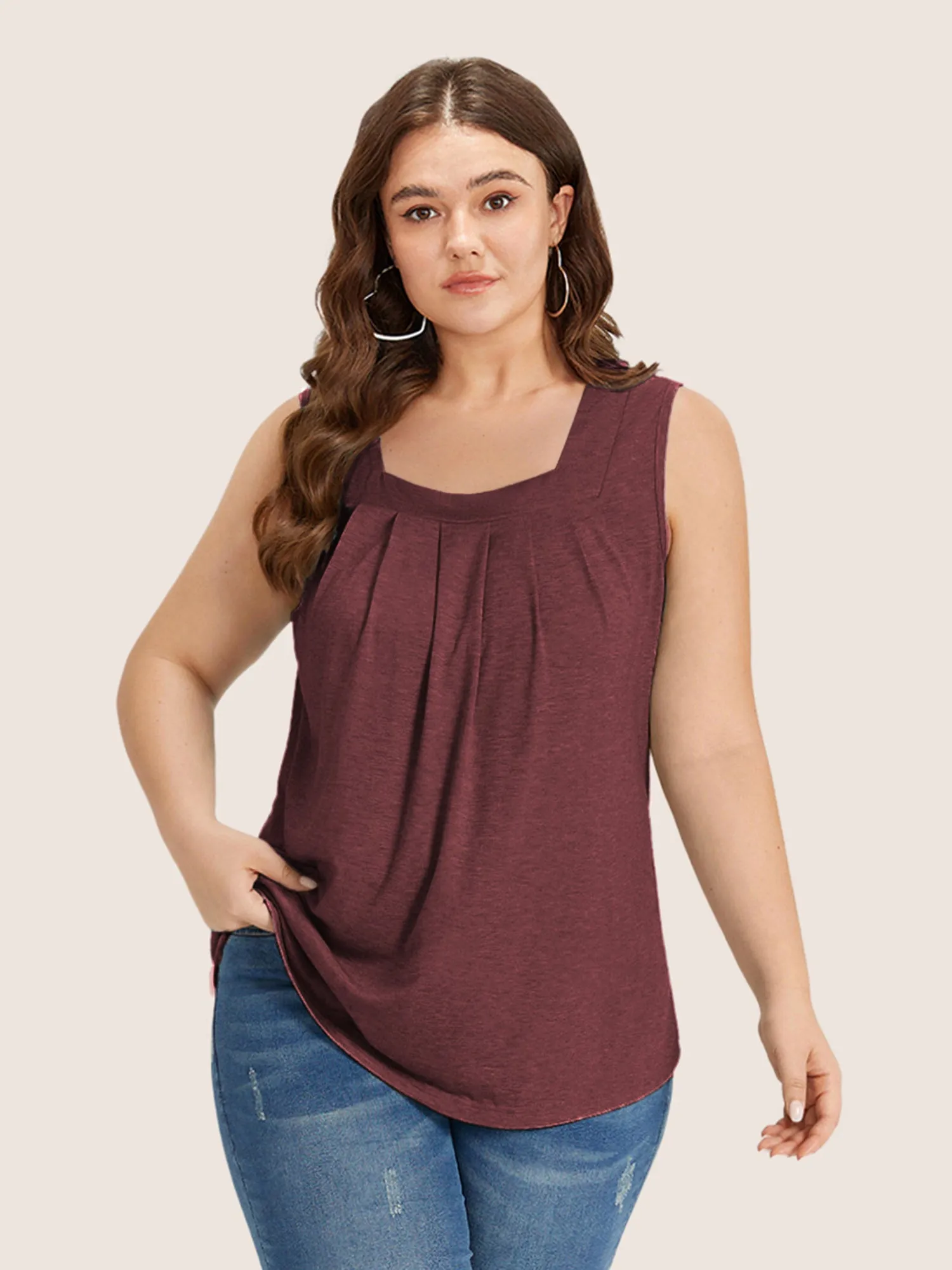 Heather Plicated Detail Square Neck Tank Top sold by Bloomchic