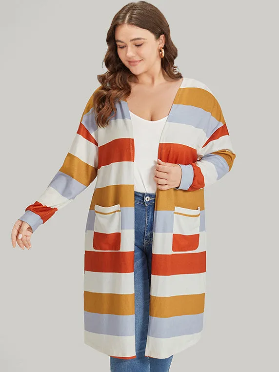 Striped Contrast Patched Pocket Open Front Kimono sold by Bloomchic