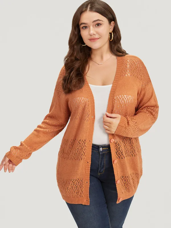 Plain Geometric Eyelet Button Through Loose Cardigan sold by Bloomchic