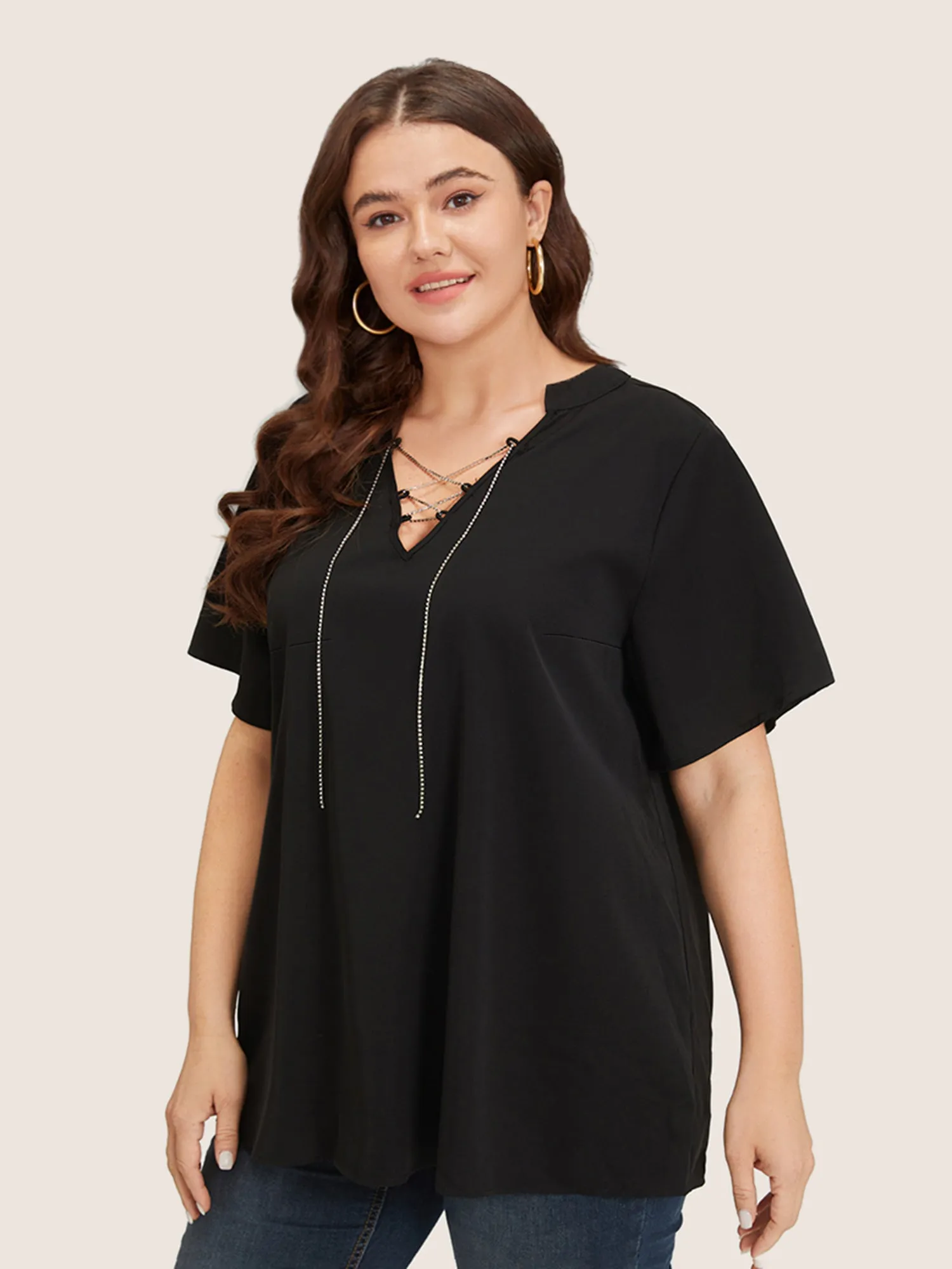 Solid Crisscross Notched Metal Decor Blouse sold by Bloomchic product image thumbnail 3