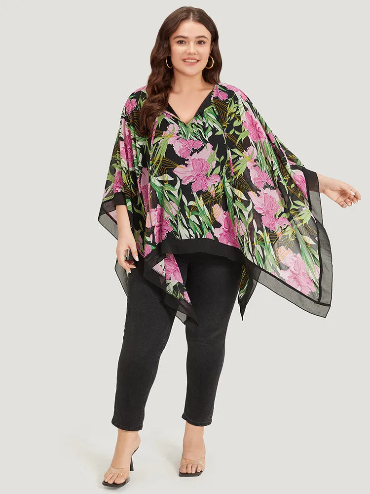 Floral Ties Batwing Sleeve Hanky Hem Layered Blouse sold by Bloomchic product image thumbnail 4