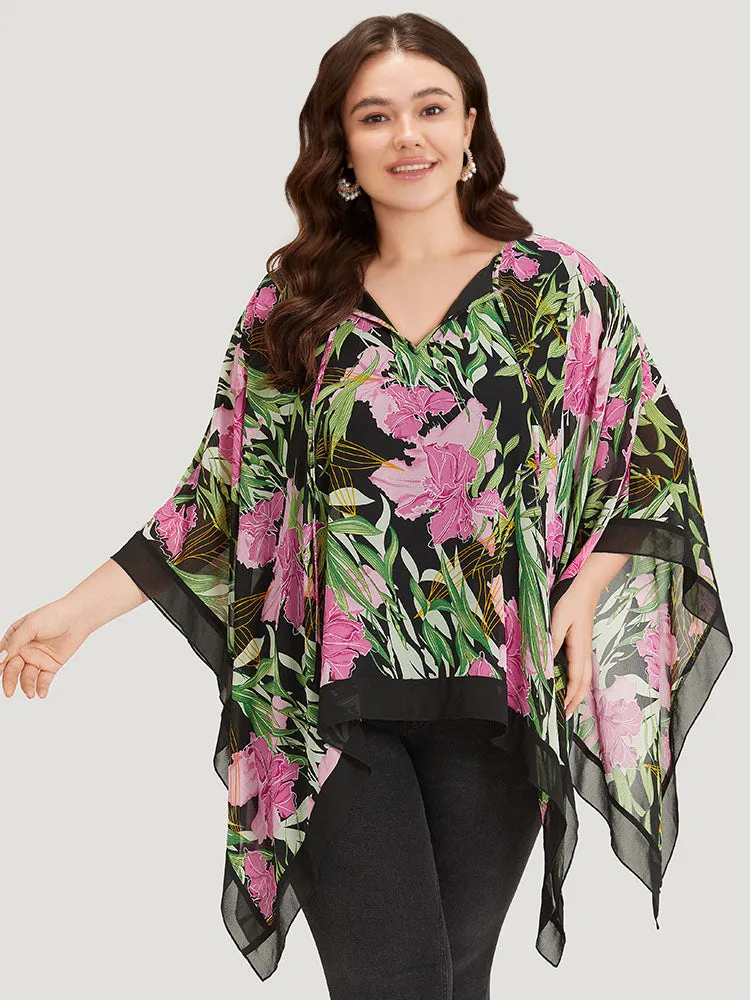 Floral Ties Batwing Sleeve Hanky Hem Layered Blouse sold by Bloomchic