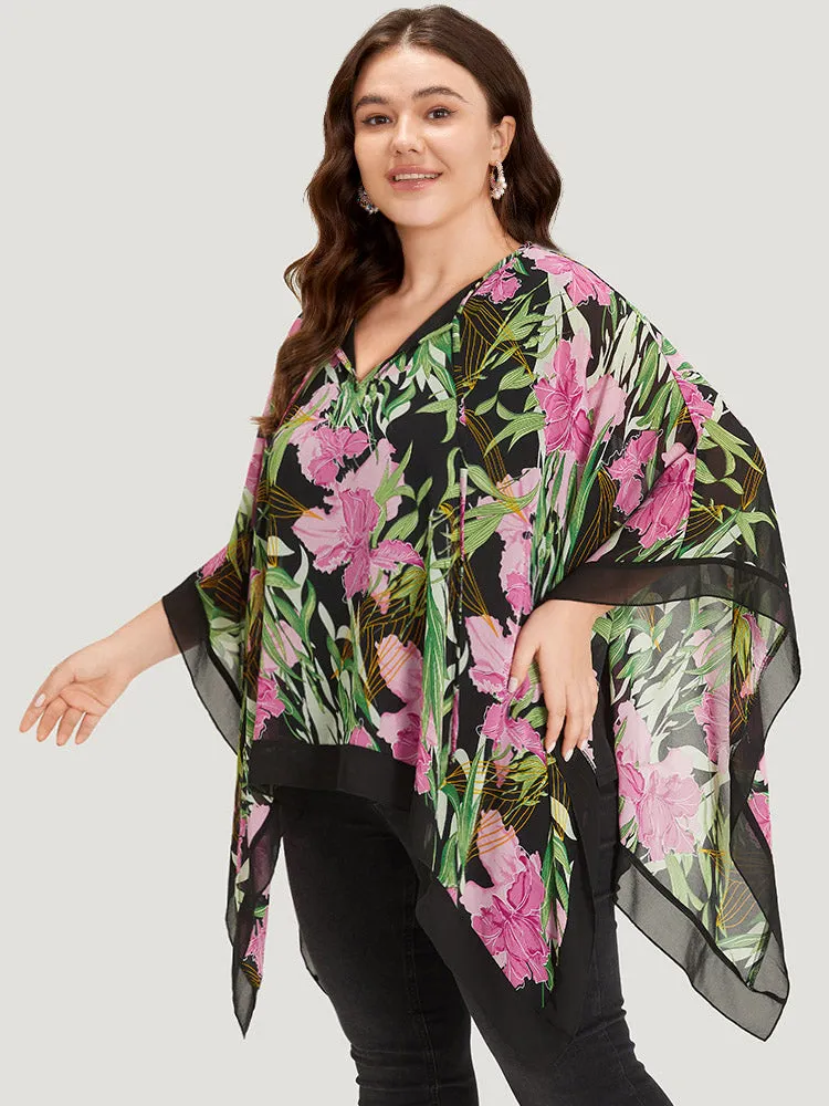 Floral Ties Batwing Sleeve Hanky Hem Layered Blouse sold by Bloomchic product image thumbnail 2