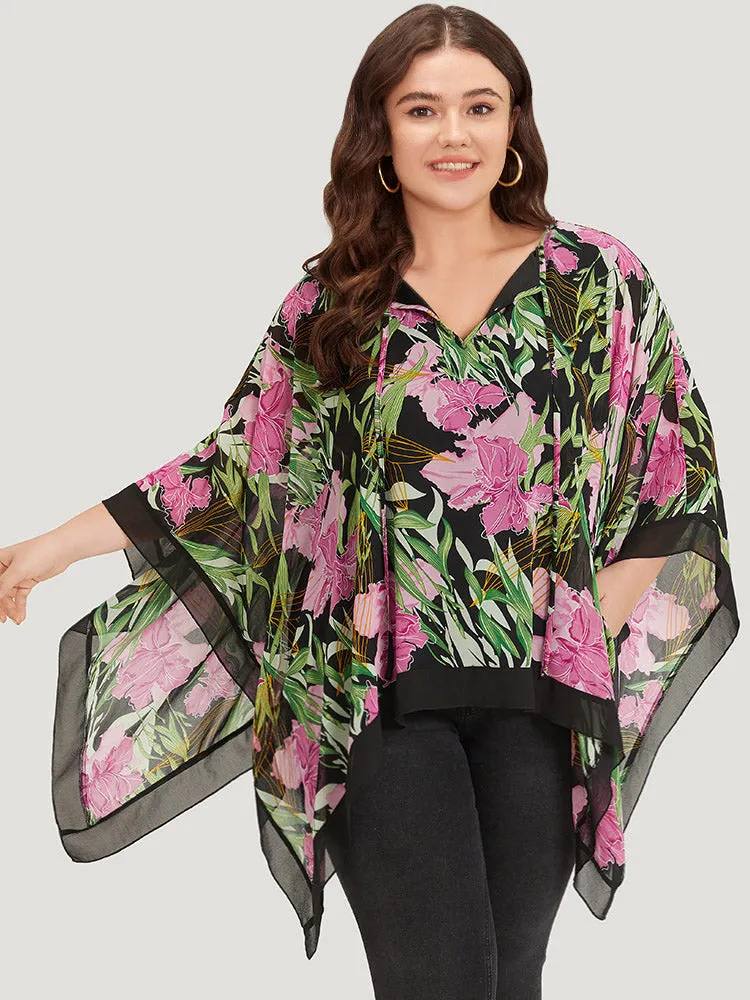 Floral Ties Batwing Sleeve Hanky Hem Layered Blouse sold by Bloomchic product image thumbnail 3