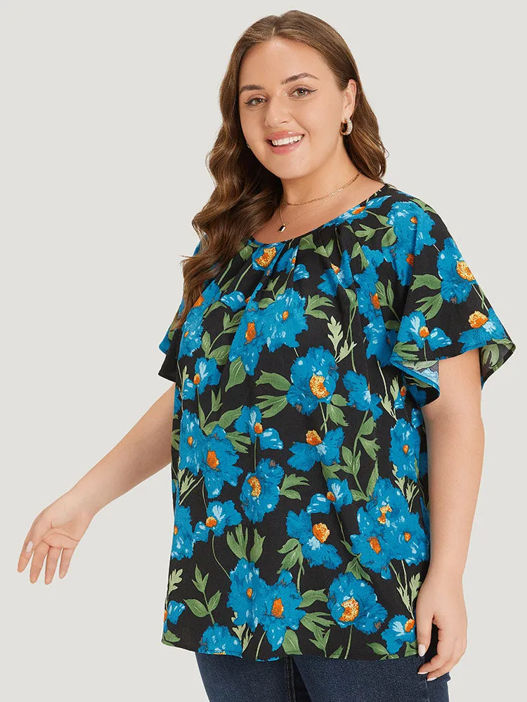 Floral Print Raglan Sleeve Pleated Flutter Blouse sold by Bloomchic product image thumbnail 4