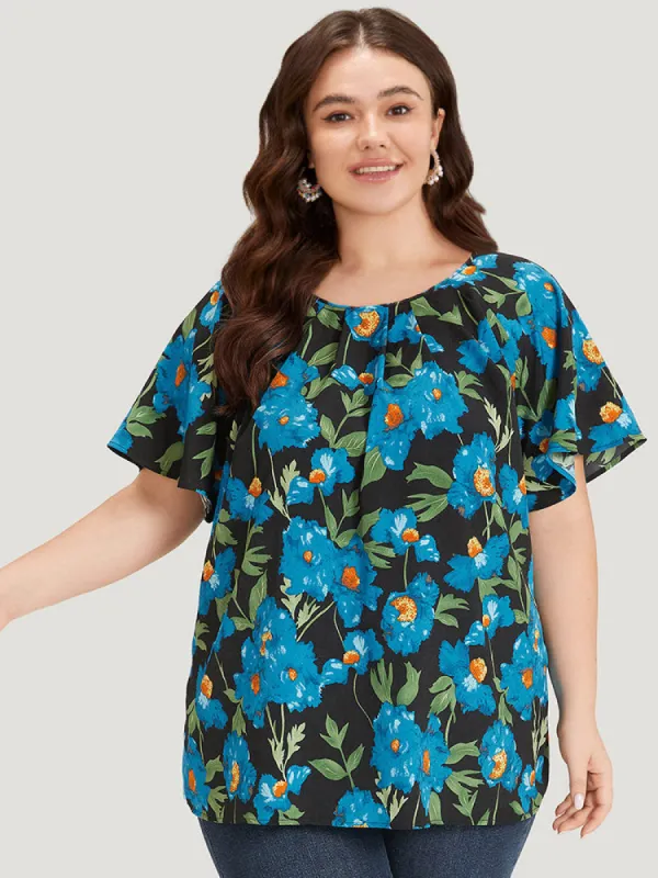 Floral Print Raglan Sleeve Pleated Flutter Blouse sold by Bloomchic