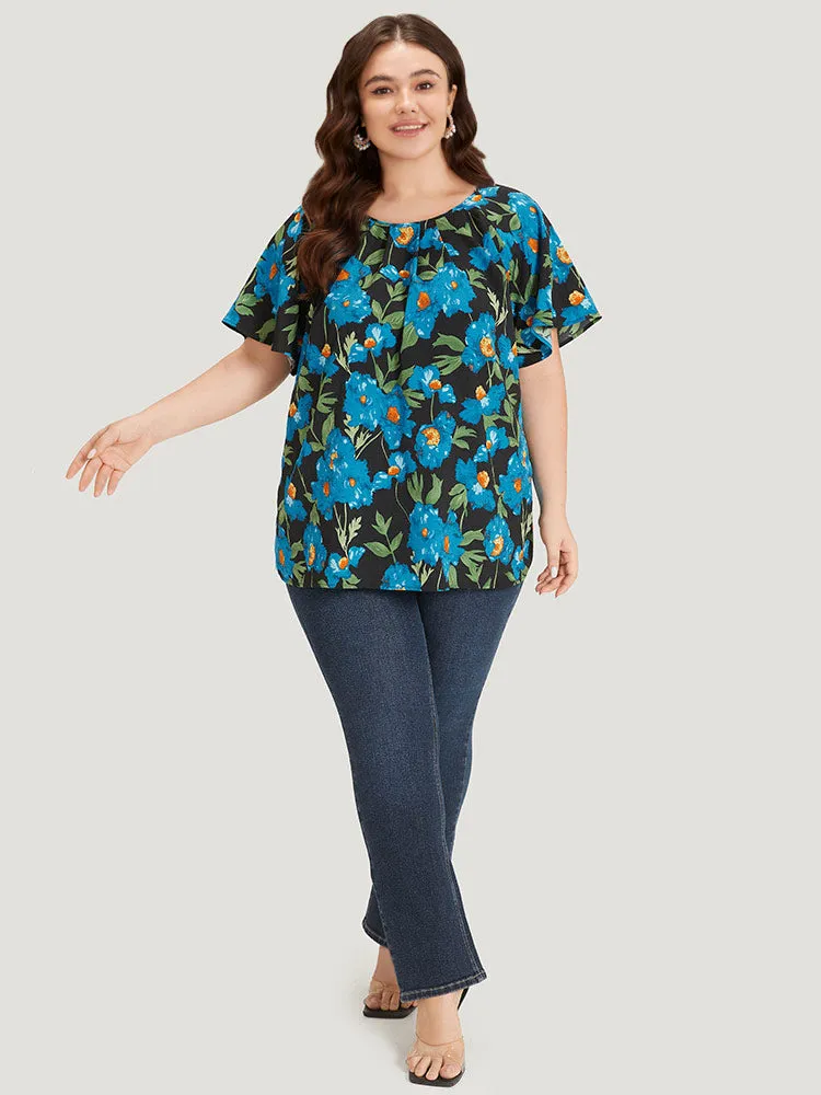 Floral Print Raglan Sleeve Pleated Flutter Blouse sold by Bloomchic product image thumbnail 5