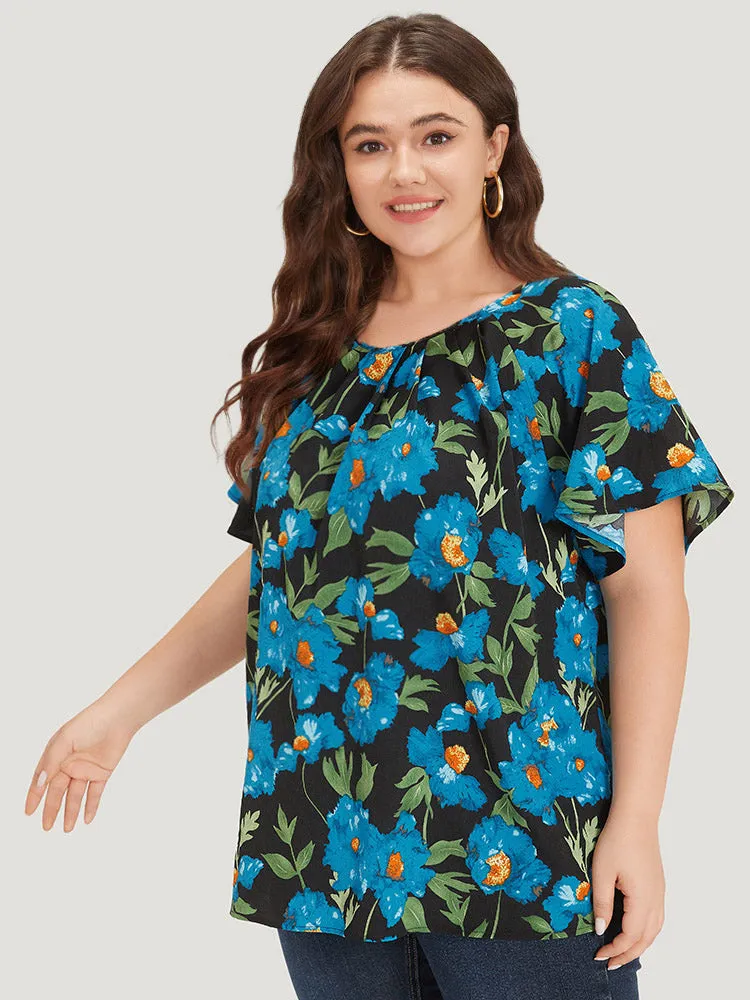 Floral Print Raglan Sleeve Pleated Flutter Blouse sold by Bloomchic product image thumbnail 2