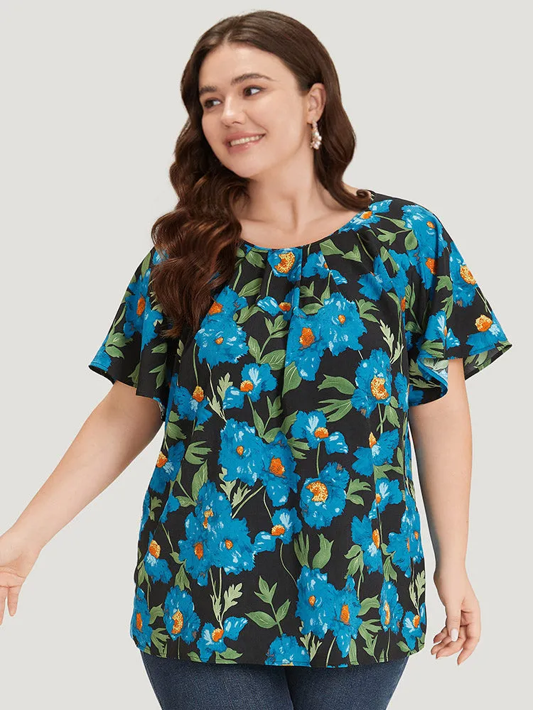 Floral Print Raglan Sleeve Pleated Flutter Blouse sold by Bloomchic product image thumbnail 3