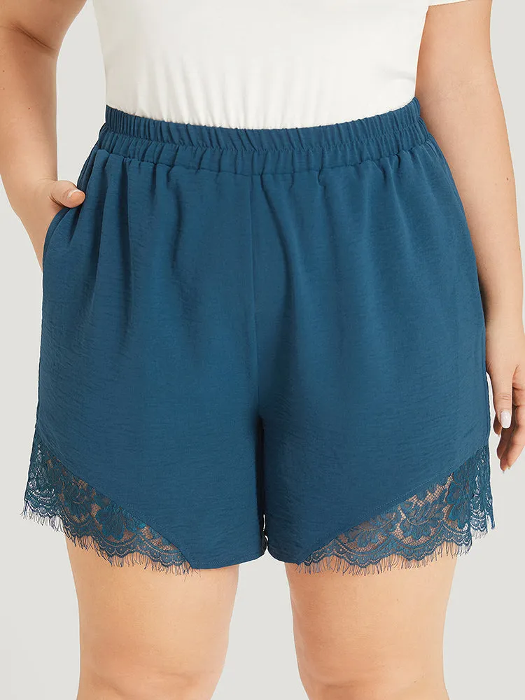 Solid Pocket Lace Insert Elastic Waist Shorts sold by Bloomchic