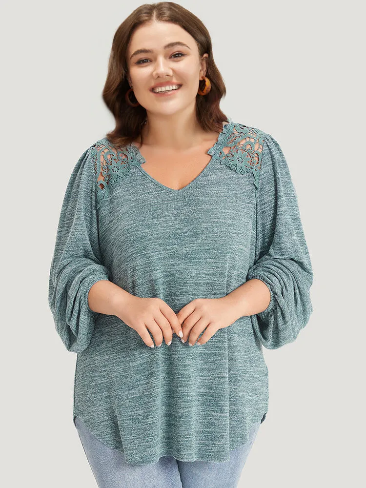 Lace Insert Curved Hem Lantern Sleeve Sweatshirt sold by Bloomchic product image thumbnail 4