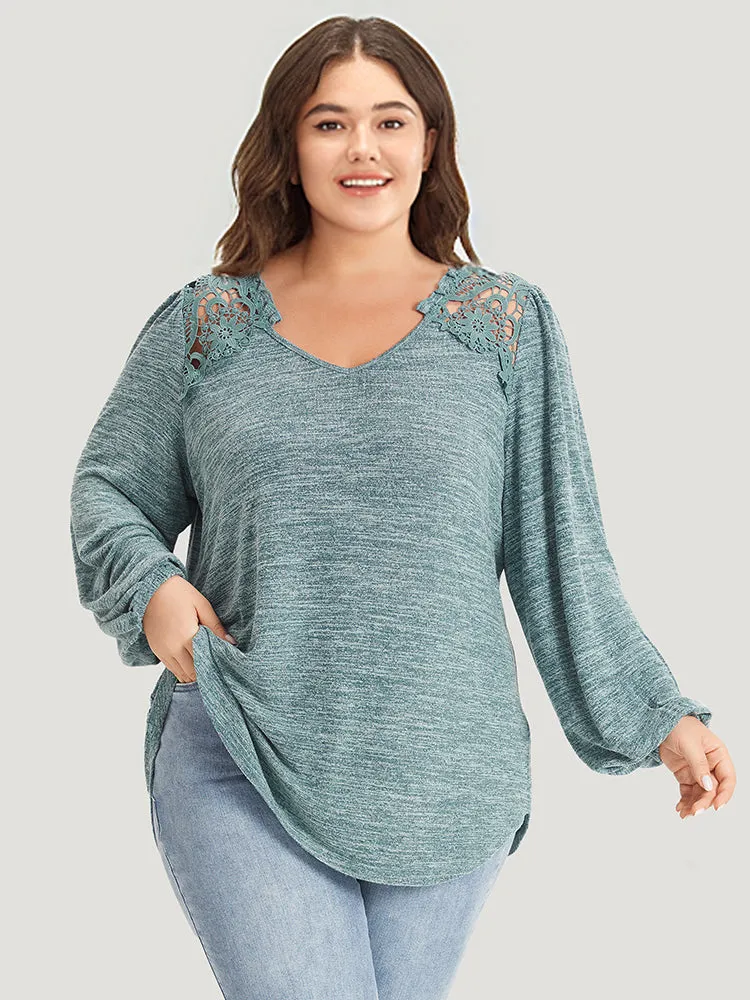 Lace Insert Curved Hem Lantern Sleeve Sweatshirt sold by Bloomchic