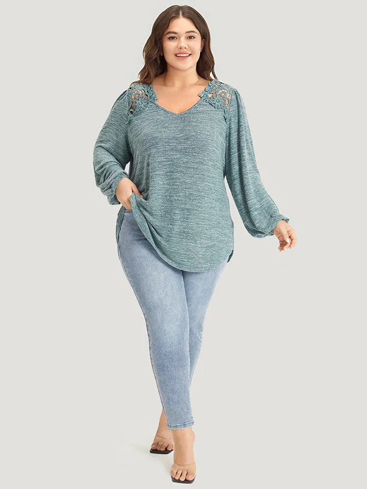 Lace Insert Curved Hem Lantern Sleeve Sweatshirt sold by Bloomchic product image thumbnail 5