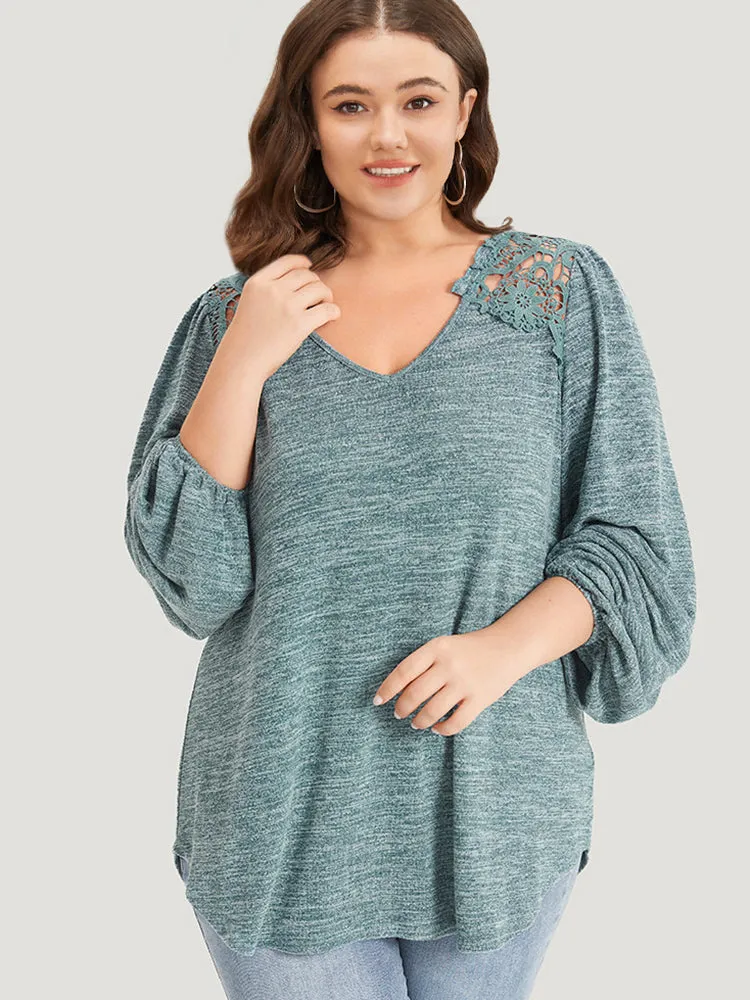 Lace Insert Curved Hem Lantern Sleeve Sweatshirt sold by Bloomchic product image thumbnail 2
