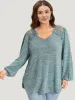Lace Insert Curved Hem Lantern Sleeve Sweatshirt sold by Bloomchic