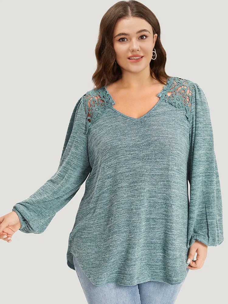 Lace Insert Curved Hem Lantern Sleeve Sweatshirt sold by Bloomchic product image thumbnail 3
