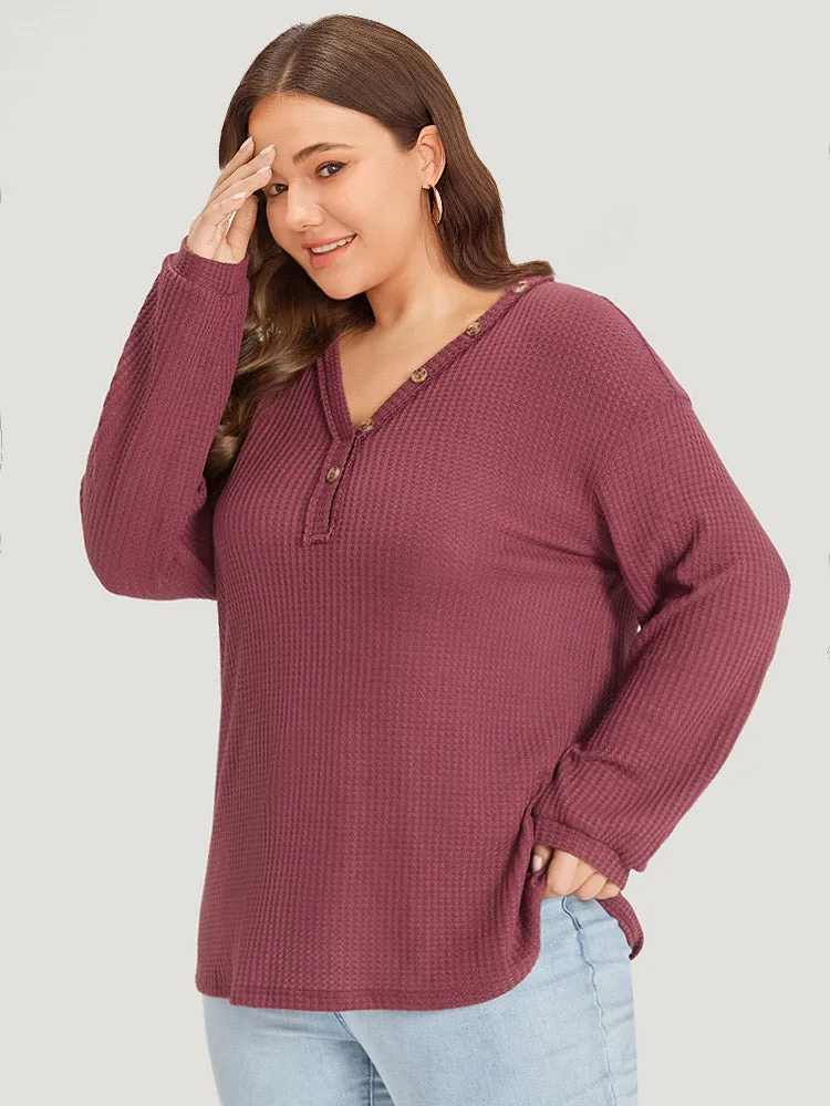 Waffle Knit Button Detail V Neck T-shirt sold by Bloomchic product image thumbnail 4