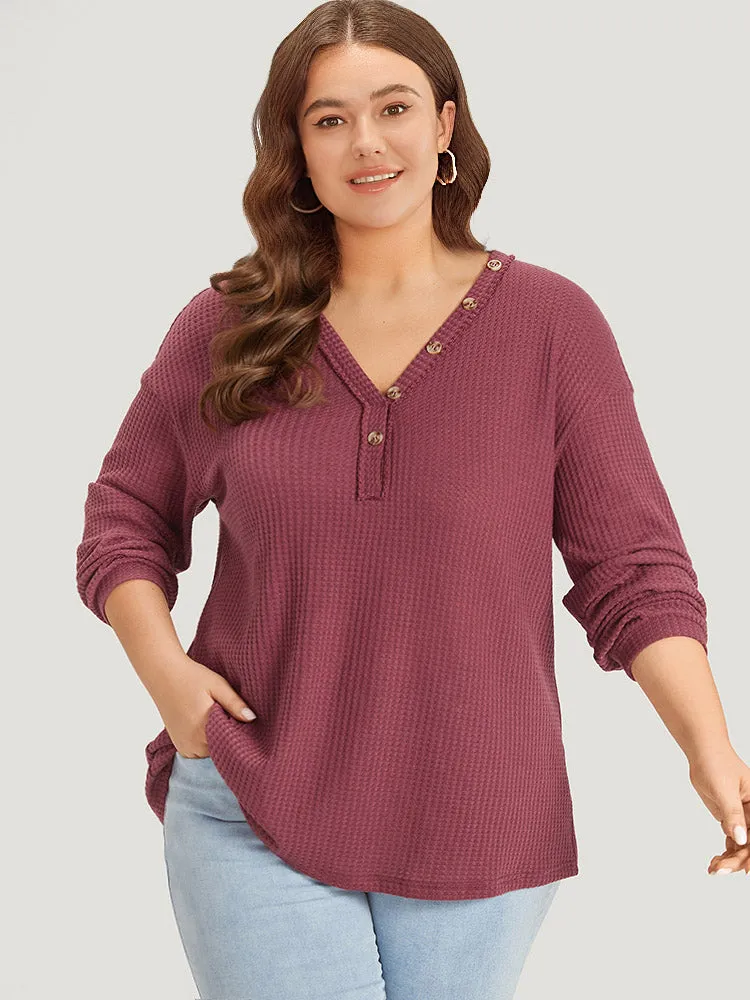 Waffle Knit Button Detail V Neck T-shirt sold by Bloomchic