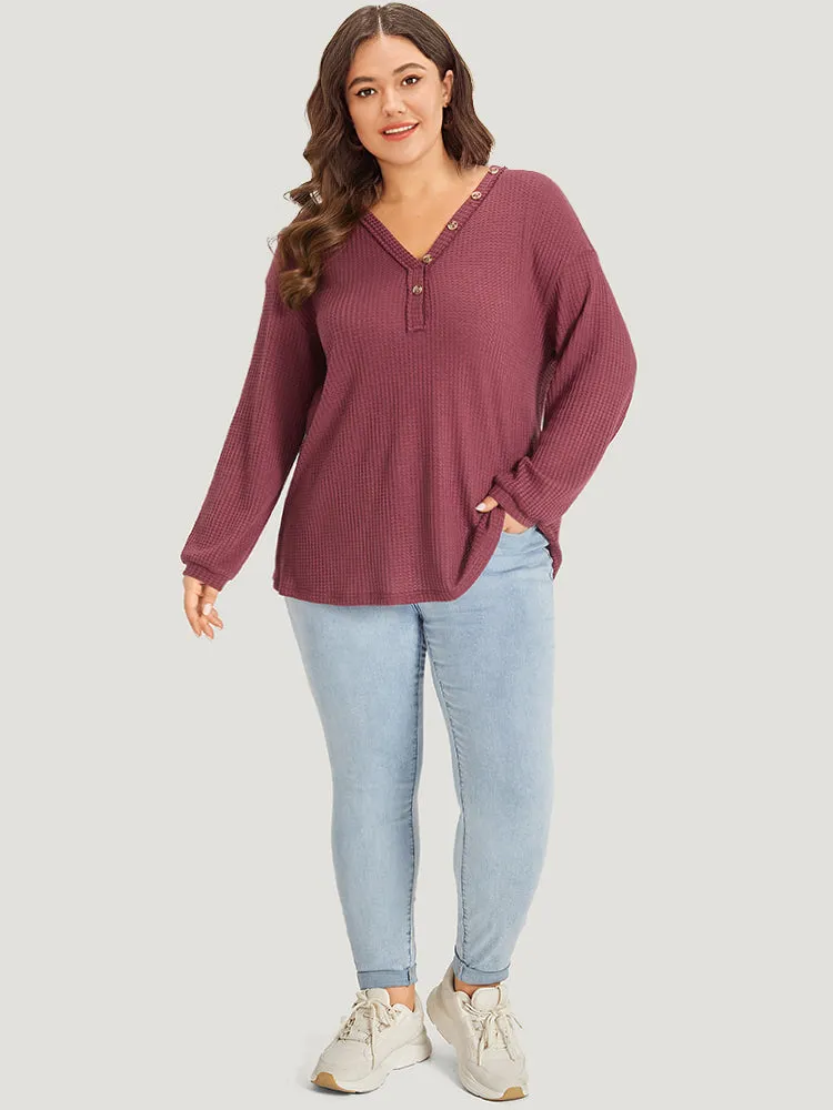 Waffle Knit Button Detail V Neck T-shirt sold by Bloomchic product image thumbnail 5