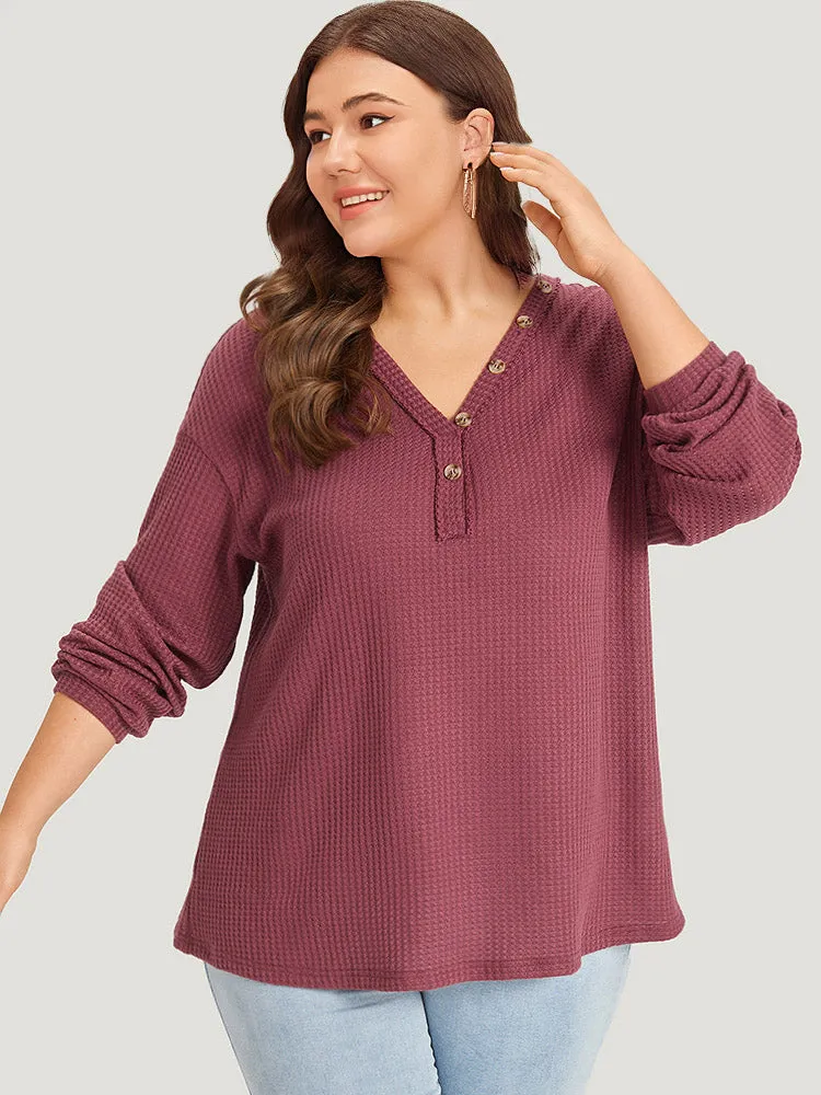 Waffle Knit Button Detail V Neck T-shirt sold by Bloomchic product image thumbnail 3