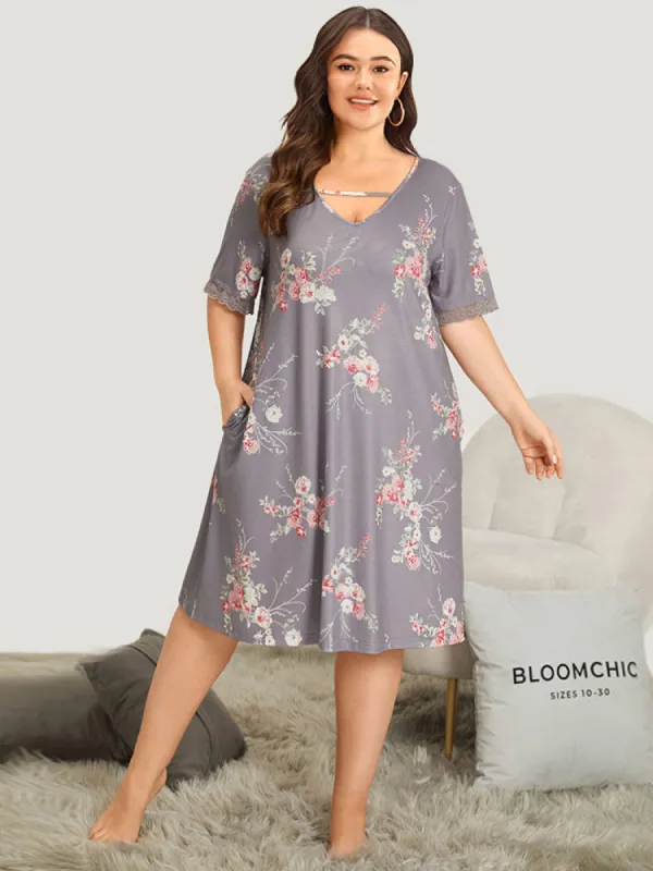 Floral Print Keyhole Pocket Lace Panel Night Dress sold by Bloomchic