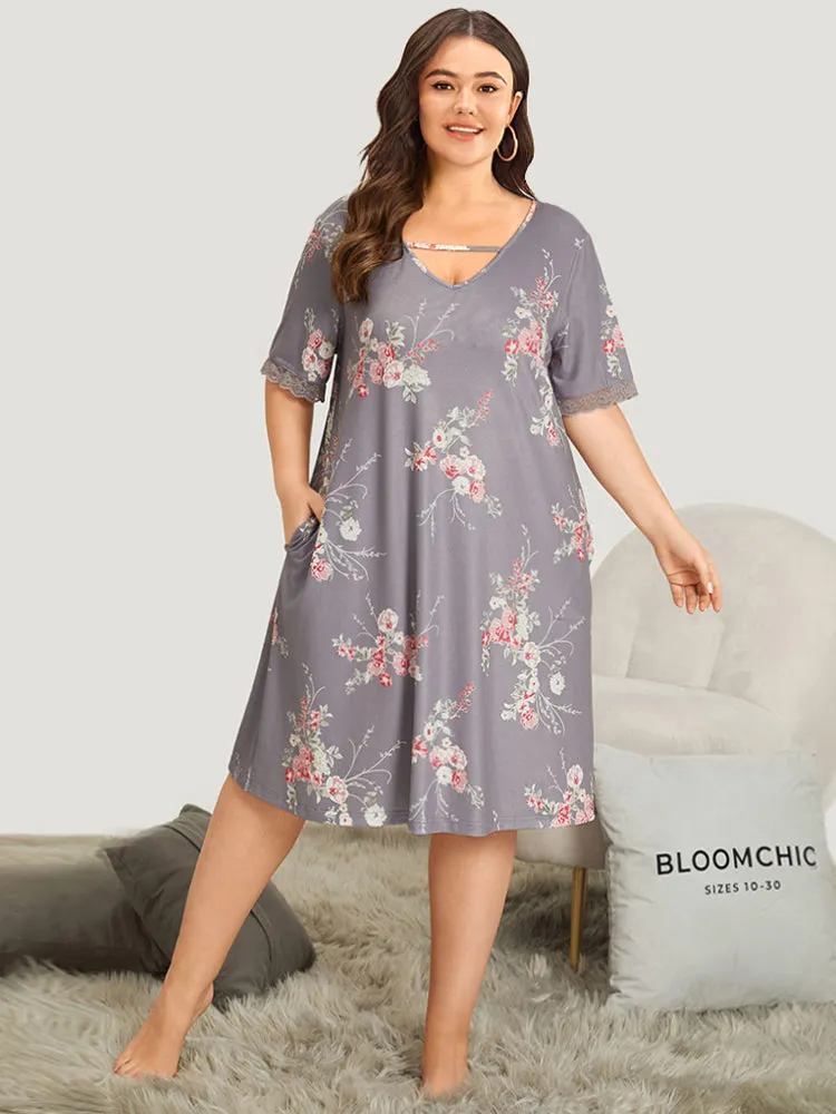 Floral Print Keyhole Pocket Lace Panel Night Dress sold by Bloomchic