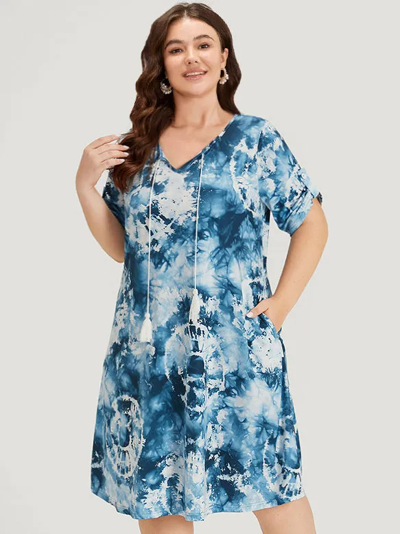 Tie Dye Tassels Knot Neck Pocket Cuffed Sleeve Dress sold by Bloomchic