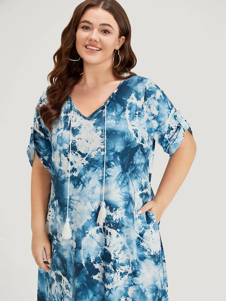 Tie Dye Tassels Knot Neck Pocket Cuffed Sleeve Dress sold by Bloomchic product image thumbnail 5