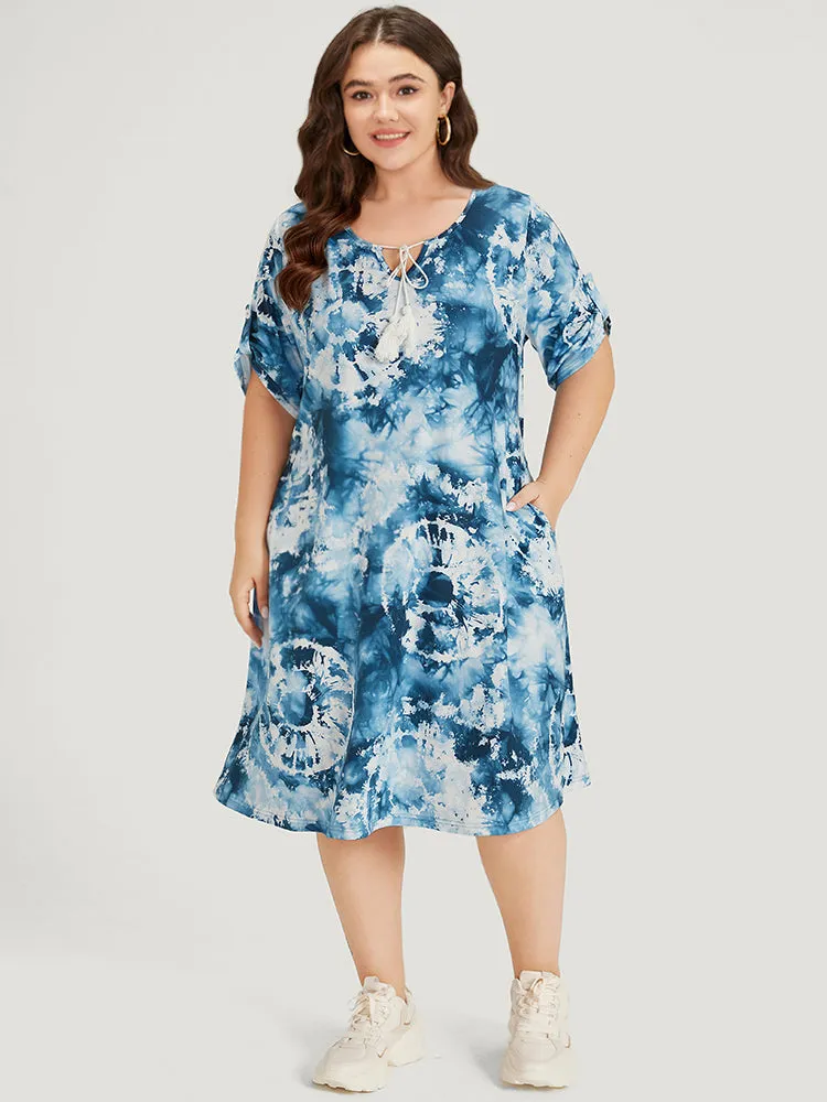 Tie Dye Tassels Knot Neck Pocket Cuffed Sleeve Dress sold by Bloomchic product image thumbnail 2