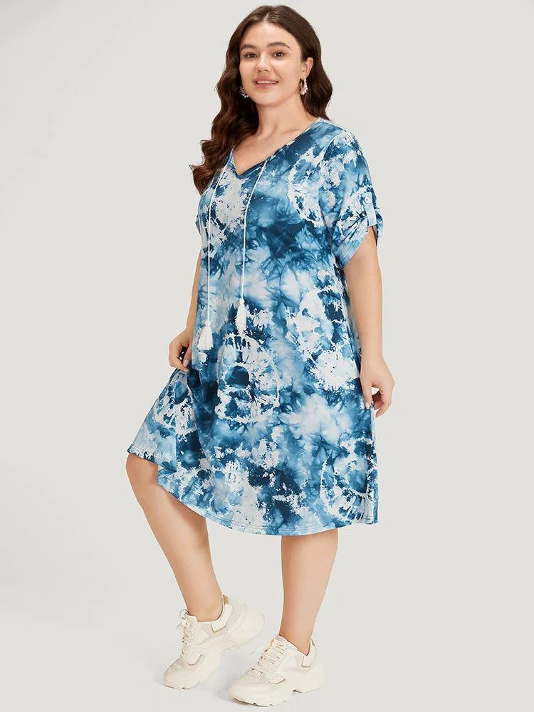 Tie Dye Tassels Knot Neck Pocket Cuffed Sleeve Dress sold by Bloomchic product image thumbnail 3