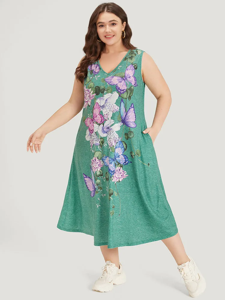 Floral & Butterfly Print V Neck Pocket Tank Dress sold by Bloomchic product image thumbnail 2