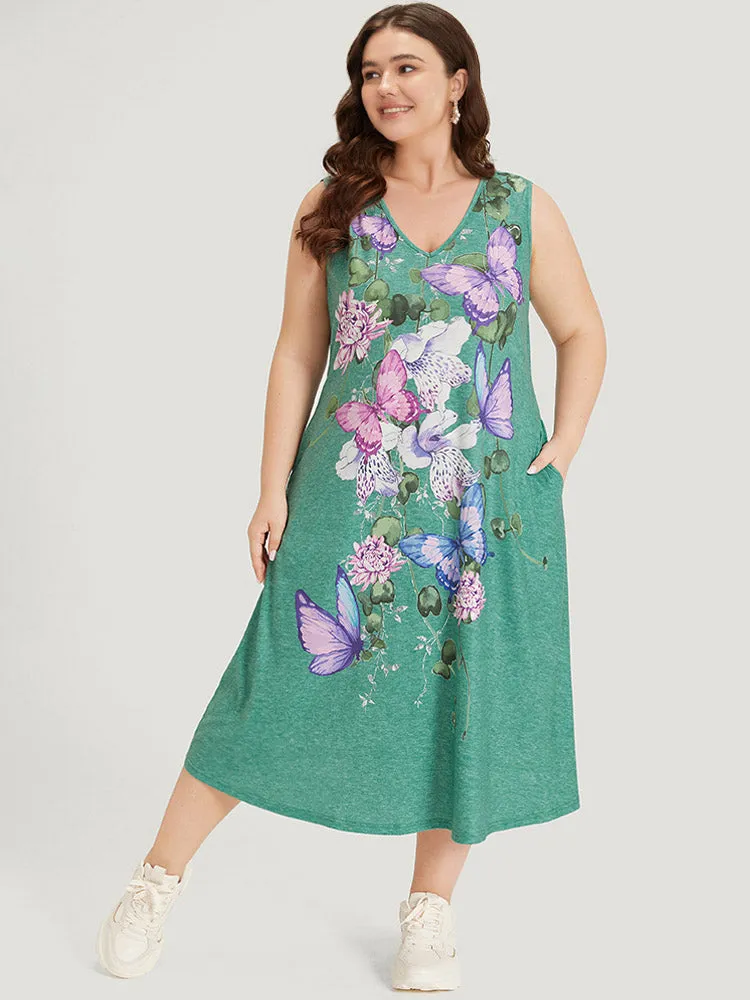 Floral & Butterfly Print V Neck Pocket Tank Dress sold by Bloomchic