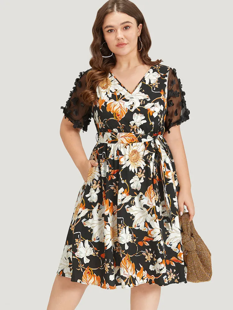 Floral Print Mesh Pocket Belted Patchwork Dress sold by Bloomchic