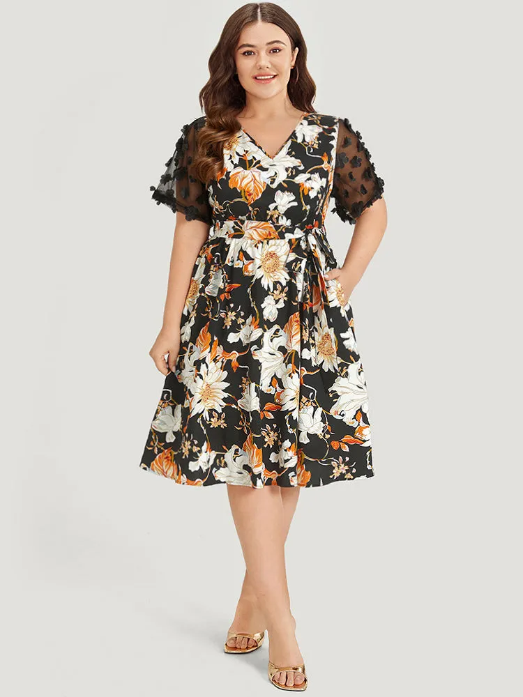 Floral Print Mesh Pocket Belted Patchwork Dress sold by Bloomchic product image thumbnail 4