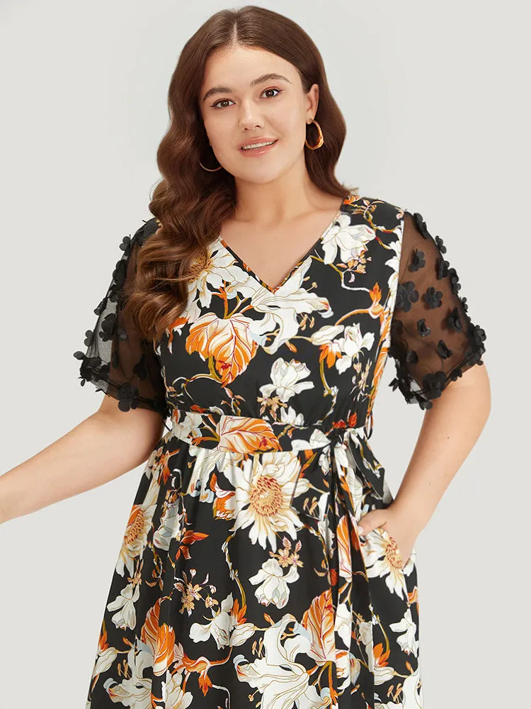 Floral Print Mesh Pocket Belted Patchwork Dress sold by Bloomchic product image thumbnail 5