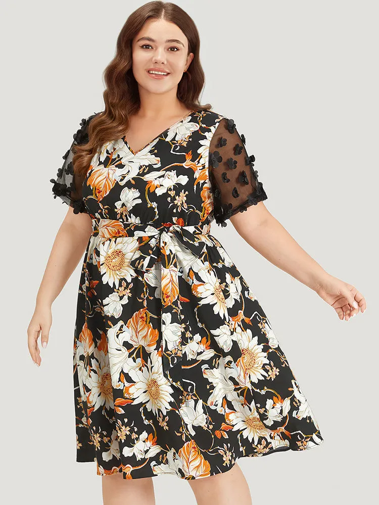 Floral Print Mesh Pocket Belted Patchwork Dress sold by Bloomchic product image thumbnail 2