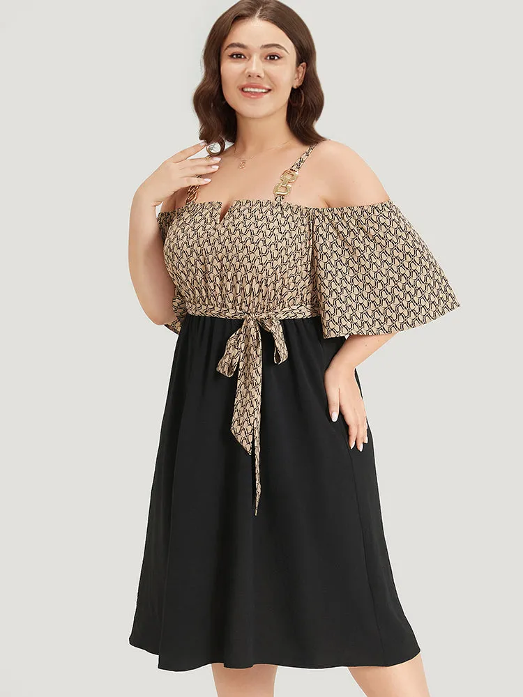 Geometric Patchwork Pocket Belted Cold Shoulder Dress sold by Bloomchic product image thumbnail 5