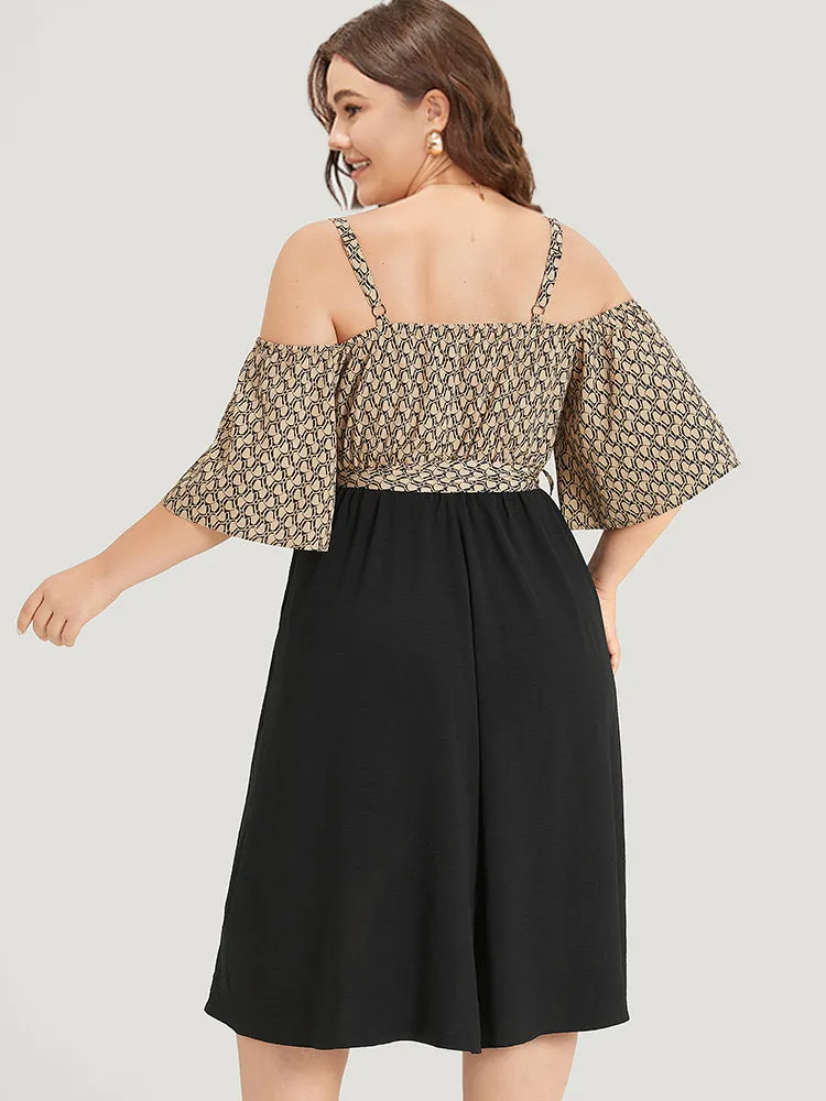 Geometric Patchwork Pocket Belted Cold Shoulder Dress sold by Bloomchic product image thumbnail 2