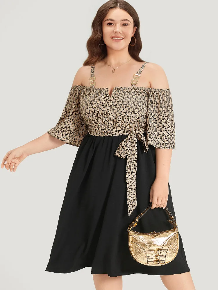 Geometric Patchwork Pocket Belted Cold Shoulder Dress sold by Bloomchic product image thumbnail 3