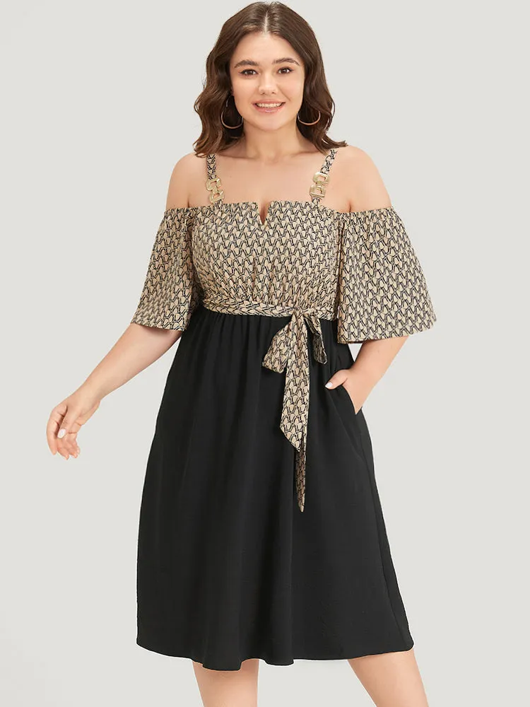 Geometric Patchwork Pocket Belted Cold Shoulder Dress sold by Bloomchic product image thumbnail 4