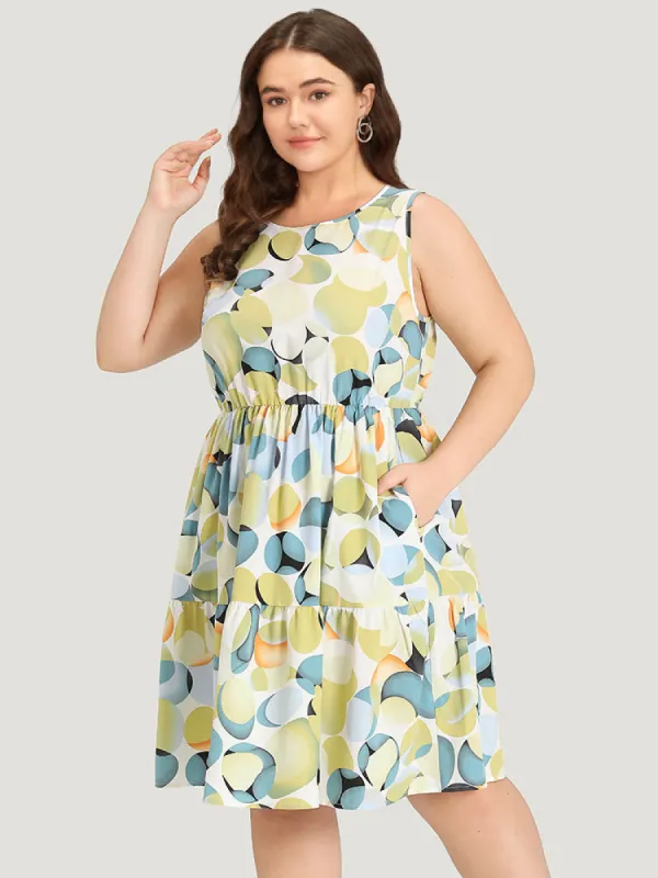 Geometric Print Pocket Ruffle Layered Hem Sleeveless Dress sold by Bloomchic
