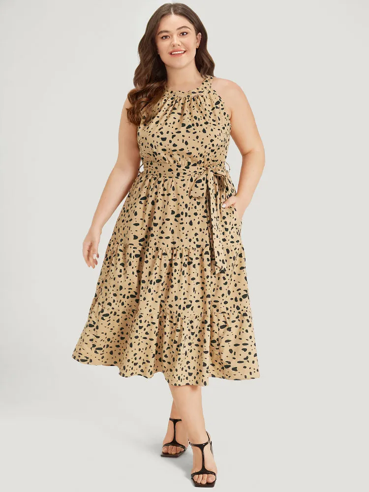 Leopard Print Halter Pocket Belted Ruffle Hem Dress sold by Bloomchic