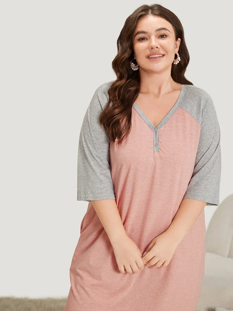 Colorblock Contrast Button Up Raglan Sleeve Pocket Sleep Dress sold by Bloomchic product image thumbnail 3