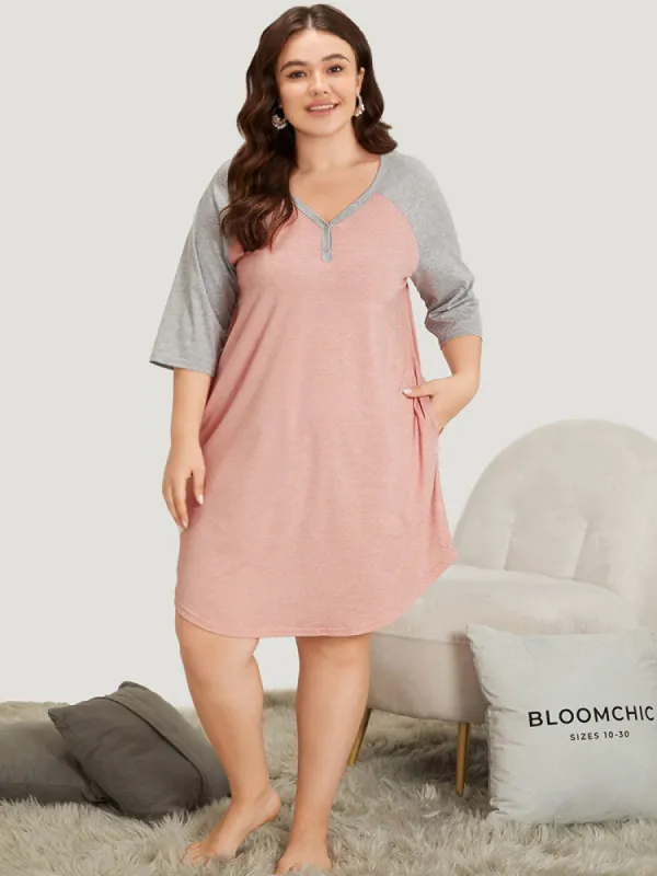 Colorblock Contrast Button Up Raglan Sleeve Pocket Sleep Dress sold by Bloomchic